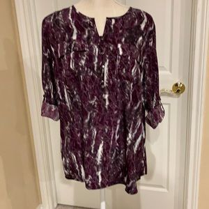 French Dressing High, low purple print blouse. Roll sleeves with tabs Sz 10